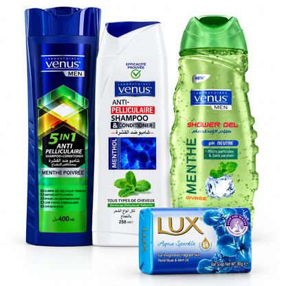 Pack homme Vénus Menthe Poivrée, Menthol, gel douche Menthe Givrée et savon LUX Aqua Sparkle sur fond blanc