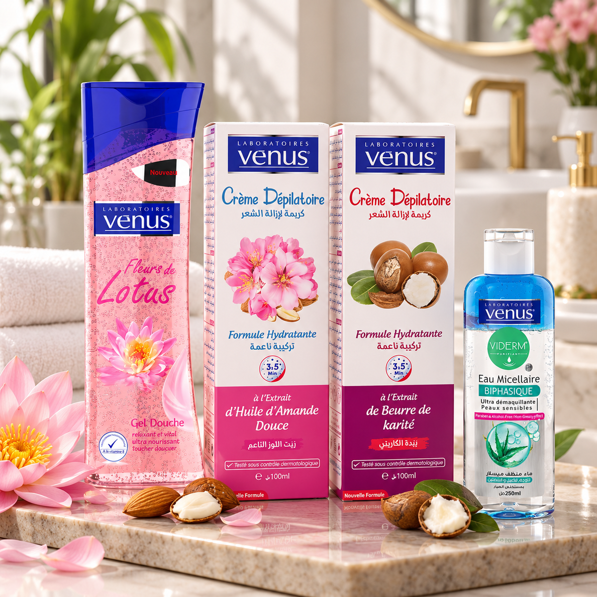 Pack Rituel Beauté Vénus de quatre produits en salle de bain élégante, Lotus, crèmes dépilatoires et eau micellaire