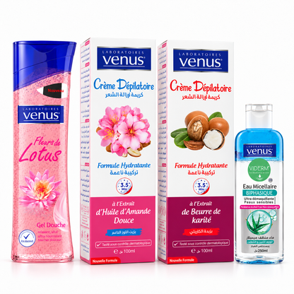 Pack beauté Vénus : gel douche Fleur de Lotus 240 ml, crèmes dépilatoires Amande Douce et Karité 100 ml, eau micellaire biphasique 250 ml sur fond blanc