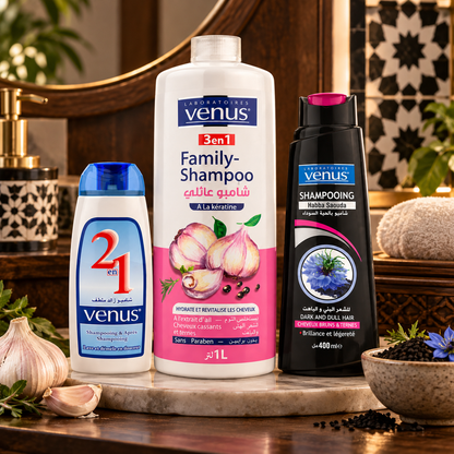 Pack capillaire Vénus Nigelle Kératine Ail et 2 en 1 dans un décor chaleureux