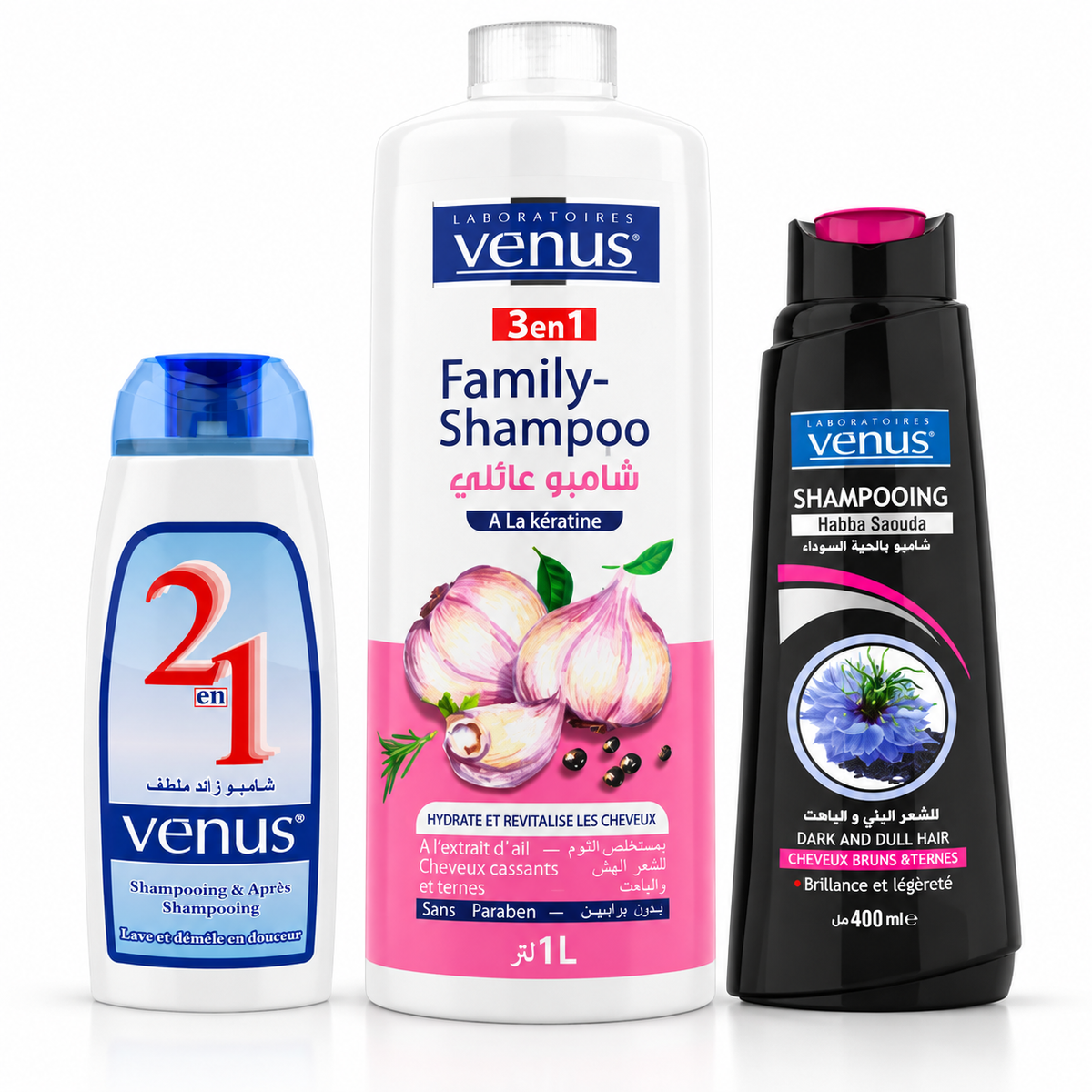 Pack de trois shampoings Vénus Habba Saouda 400 ml, Family Kératine Ail 1 litre et shampoing après-shampoing 2 en 1 250 ml sur fond blanc