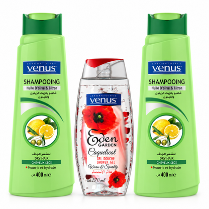 Pack Vénus avec deux shampoings Huile d'Olive et Citron 400 ml et un gel douche Eden Garden Coquelicot 270 ml – fond blanc