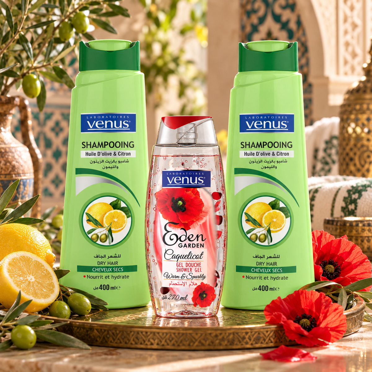 Pack Vénus Olive Citron et Coquelicot présenté dans un décor végétal et artisanal chaleureux