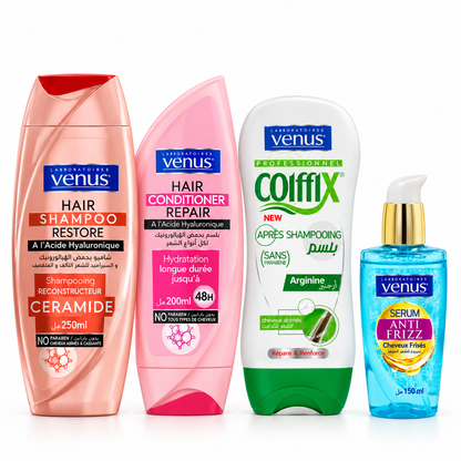 Pack de 4 soins capillaires Vénus Restore, Repair, Coiffix Arginine et sérum Anti-Frizz – fond blanc