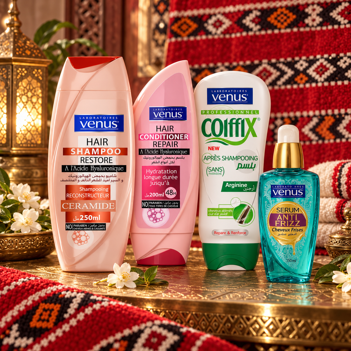 Pack beauté Vénus 4 soins capillaires présenté dans une ambiance algérienne premium