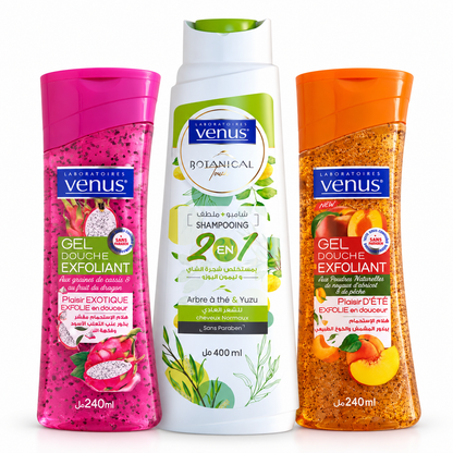 Pack Vénus Botanical Arbre à thé Yuzu 400 ml et gels douche exfoliants Cassis Fruit du Dragon et Abricot Pêche 240 ml sur fond blanc