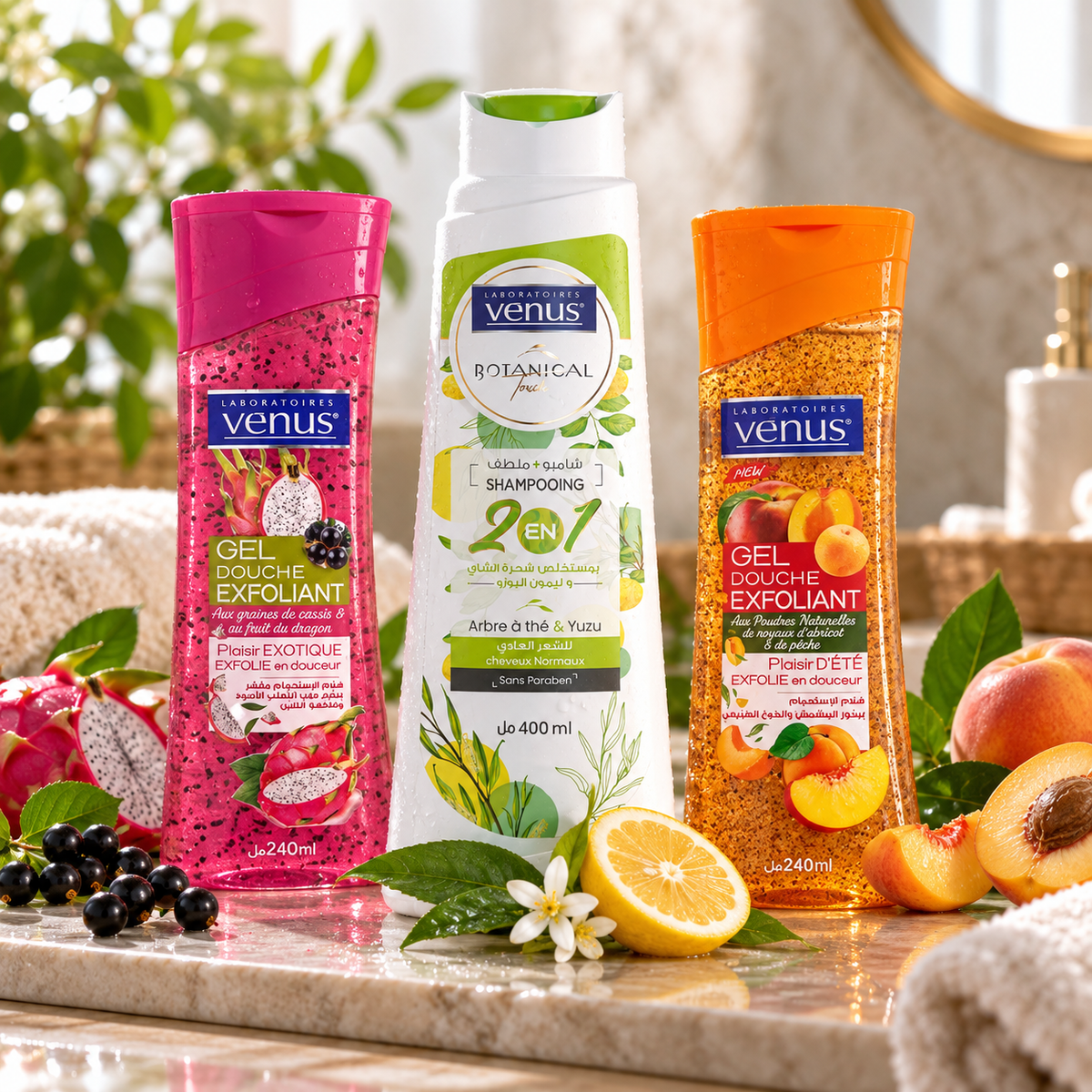 Pack Vénus Botanical Yuzu, Cassis Fruit du Dragon et Pêche dans un décor de salle de bain ensoleillée