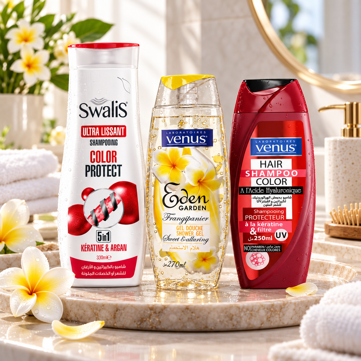 Pack shampooings protecteurs couleur Vénus Swalis et gel douche Frangipanier dans un décor salle de bain