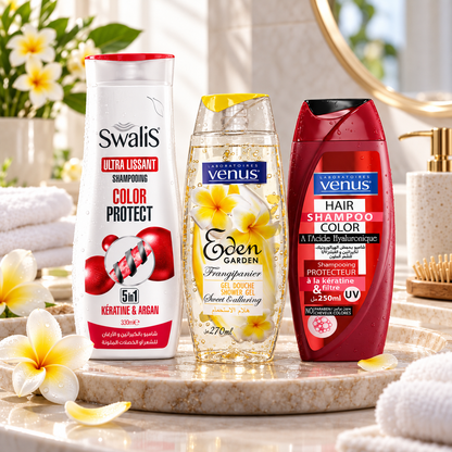 Pack shampooings protecteurs couleur Vénus Swalis et gel douche Frangipanier dans un décor salle de bain