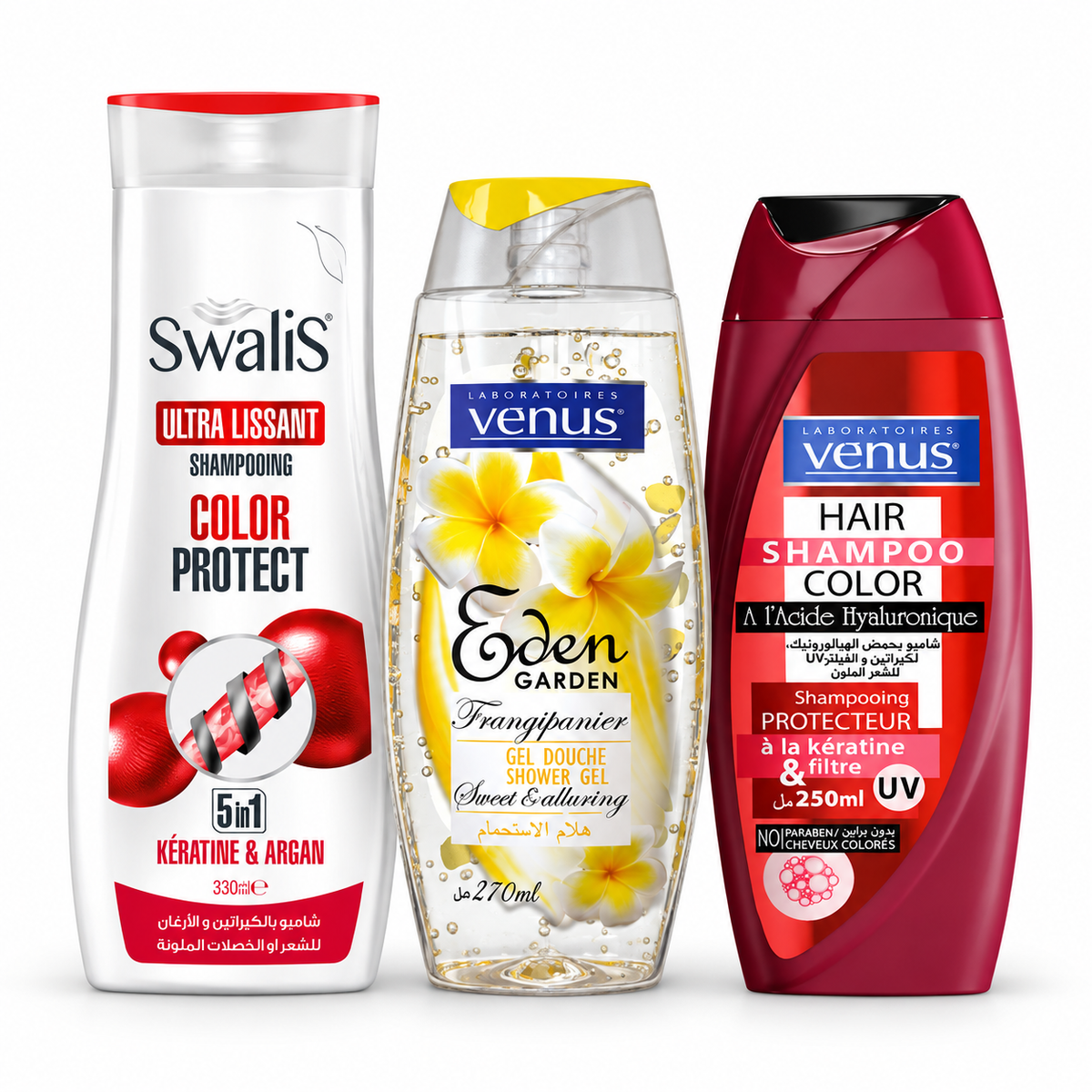 Pack Swalis Color Protect 330 ml, Vénus Color Protect 250 ml, Eden Garden Frangipanier 270 ml fond blanc