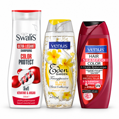 Pack Swalis Color Protect 330 ml, Vénus Color Protect 250 ml, Eden Garden Frangipanier 270 ml fond blanc