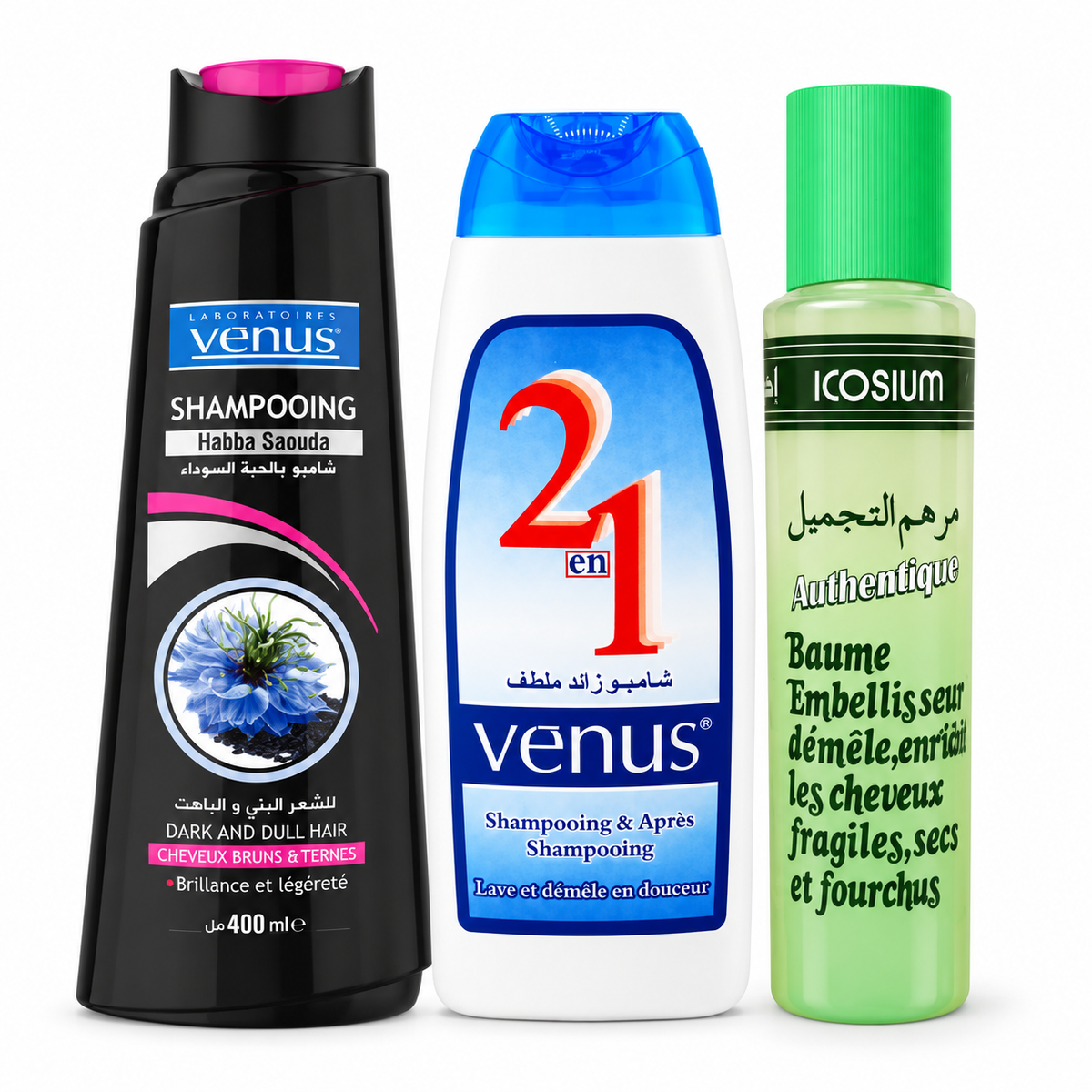 Pack capillaire avec shampoing Vénus Habba Saouda 400 ml, Vénus 2 en 1 250 ml et baume démêlant ICOSIUM 250 ml sur fond blanc