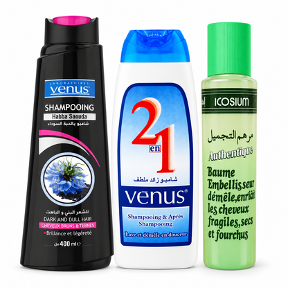 Pack capillaire avec shampoing Vénus Habba Saouda 400 ml, Vénus 2 en 1 250 ml et baume démêlant ICOSIUM 250 ml sur fond blanc