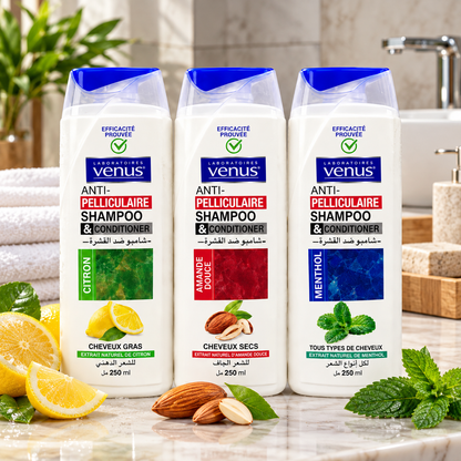 Trio shampoings antipelliculaires Vénus Citron Amande douce Menthol sur plan de toilette avec citron amandes feuilles menthe