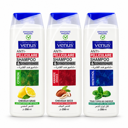 Pack 3 shampoings Vénus anti-pelliculaires Citron Amande douce Menthol 250 ml chacun fond blanc