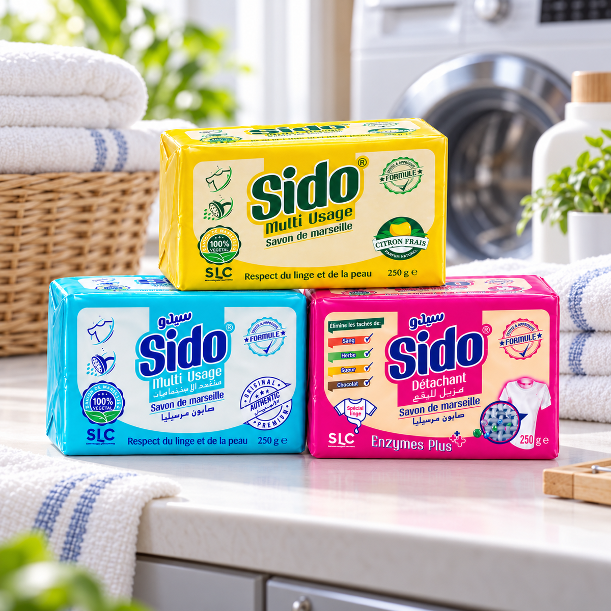 Pack trois savons de Marseille SIDO Citron, Multi Usage et Détachant dans une buanderie avec linge