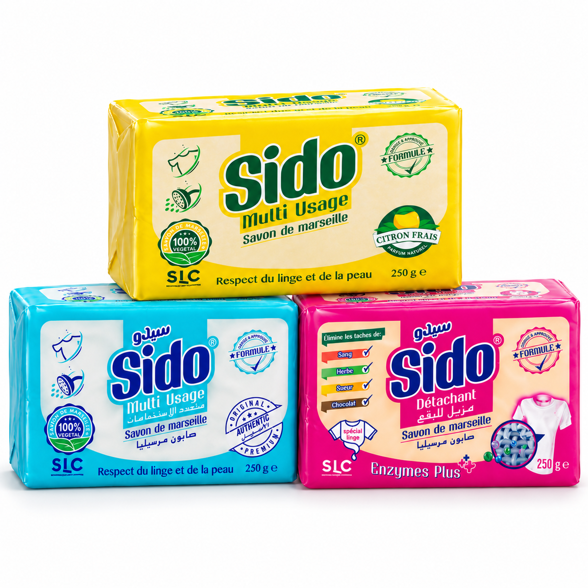 Trio de savons de Marseille SIDO emballés jaune Citron Frais 250 g, bleu Multi Usage 250 g et rose Détachant Enzymes Plus 250 g, fond blanc