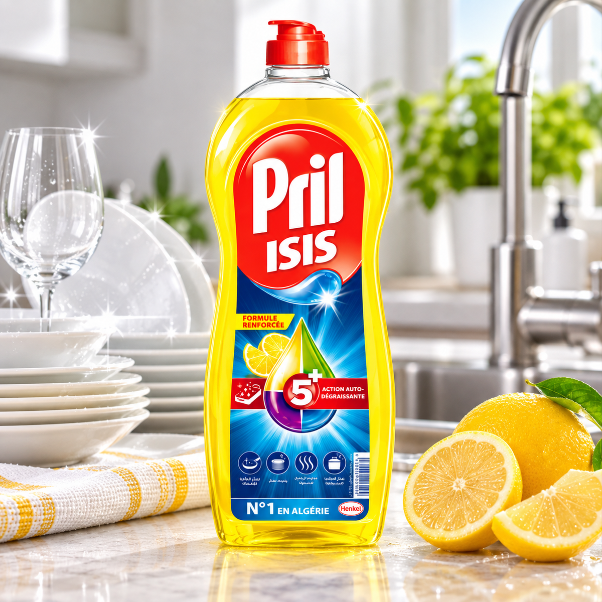 Pril ISIS Citron 650 ml – liquide vaisselle en situation dans une cuisine