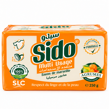 SIDO Multi Usage Agrumes 250 g savon de Marseille emballage orange sur fond blanc