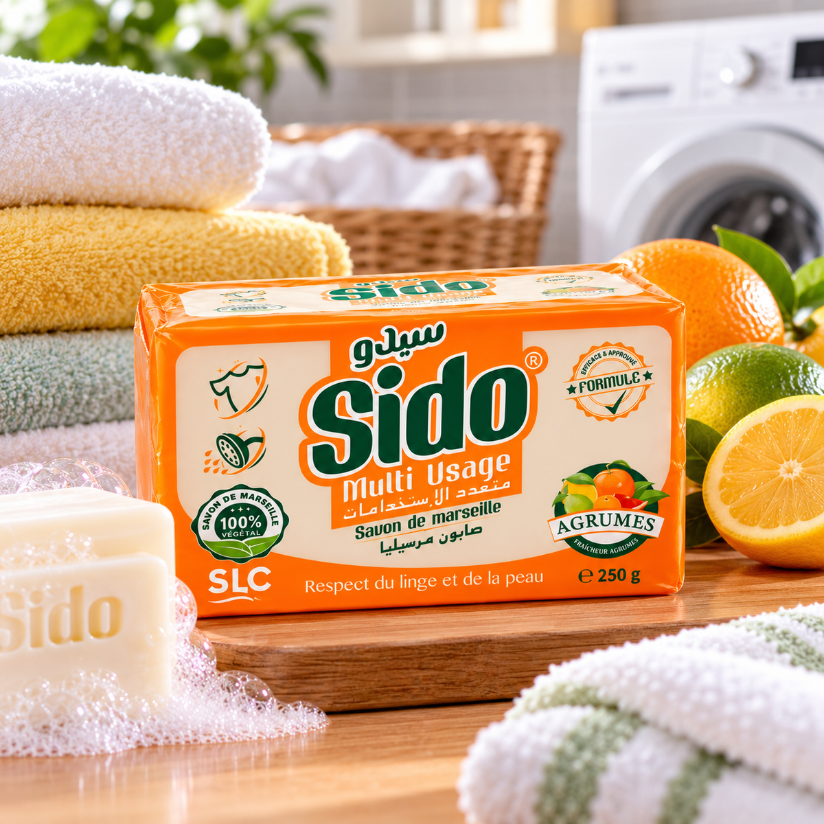 SIDO Multi Usage Agrumes savon de Marseille 250 g en buanderie avec linge et agrumes