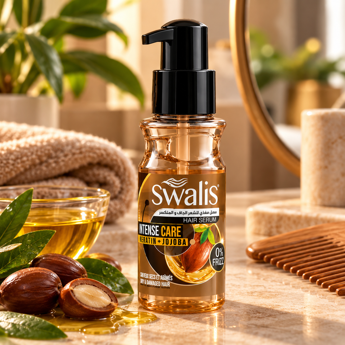 Sérum SWALIS Intense Care Kératine et Jojoba en mise en situation sur une coiffeuse