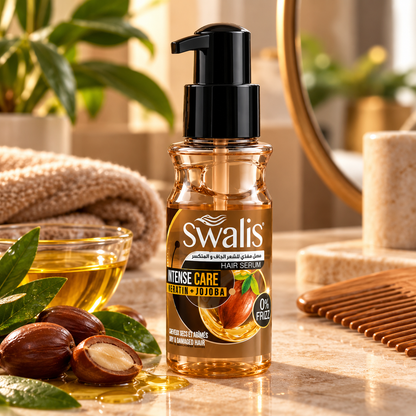 Sérum SWALIS Intense Care Kératine et Jojoba en mise en situation sur une coiffeuse