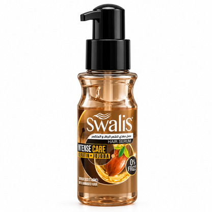 Sérum SWALIS Intense Care Kératine + Jojoba, flacon ambré à pompe noire sur fond blanc