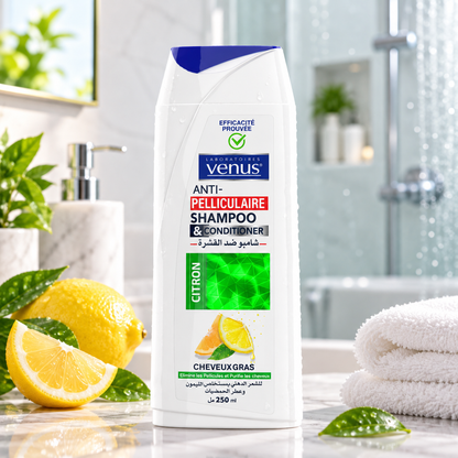 Shampoing Vénus Citron 250 ml anti-pelliculaire en situation dans une salle de bain