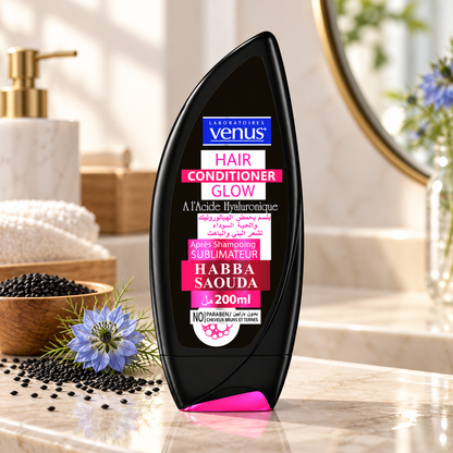 Après-shampoing Vénus Glow Habba Saouda acide hyaluronique 200 ml en mise en situation