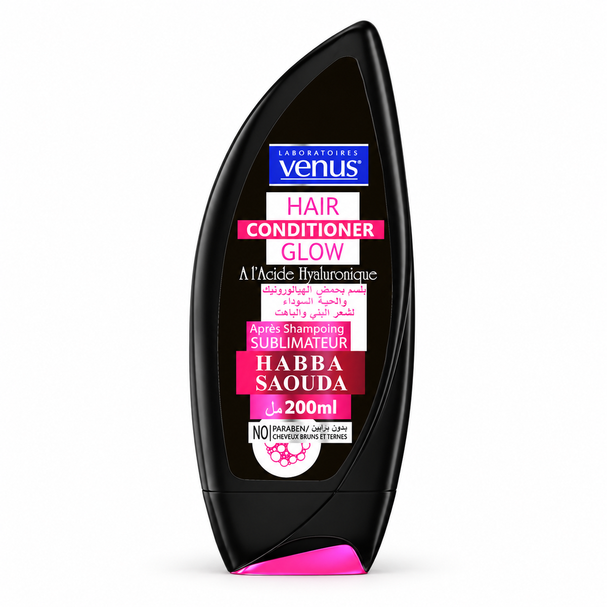 Après-shampoing Vénus Hair Conditioner Glow Habba Saouda 200 ml flacon noir rose fond blanc