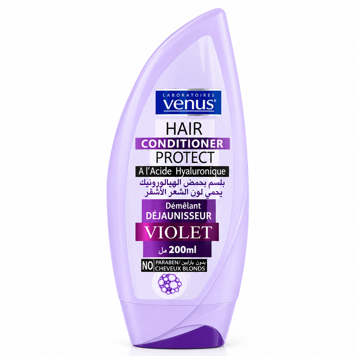 Après-shampoing Vénus Violet déjaunisseur 200 ml cheveux blonds flacon lilas fond blanc